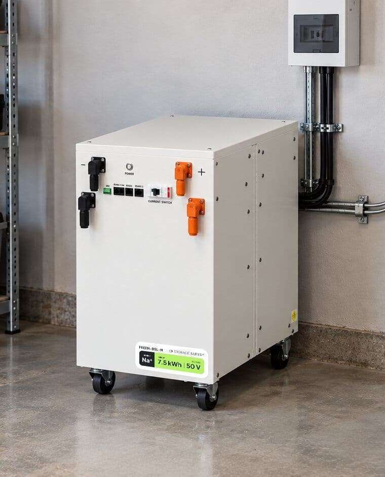 Module de batterie sodium-ion Freen installé dans un garage
