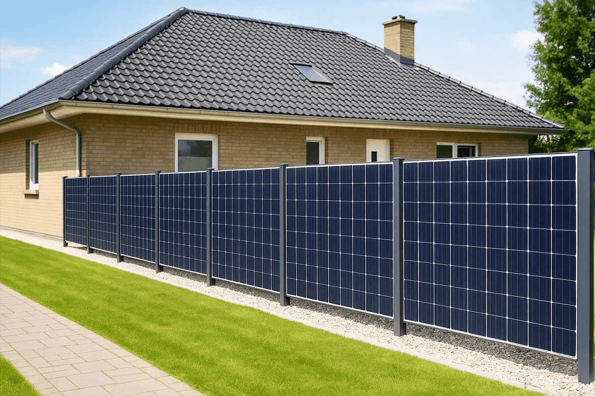 Clôture solaire à modules verticaux le long d’une maison
